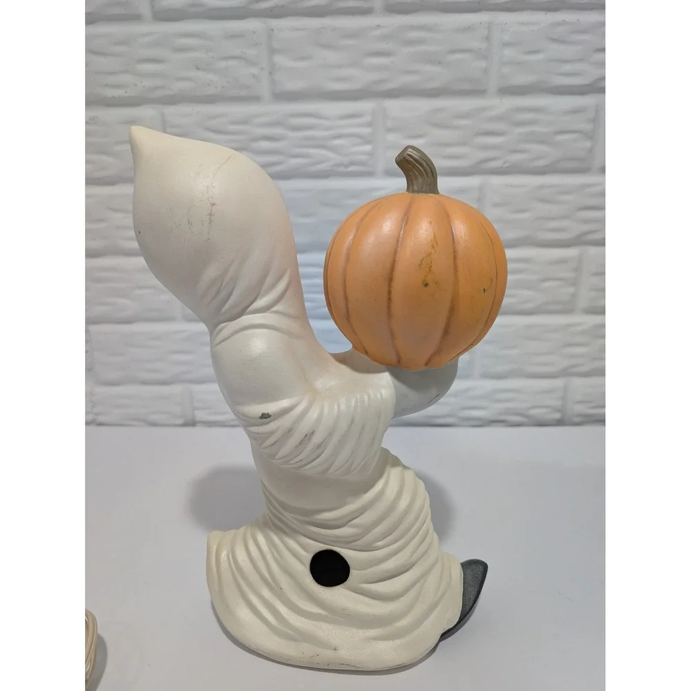 Vintage Ceramic Running Ghost Holding Pumpkin Lighted Halloween Figurine 70s 80s